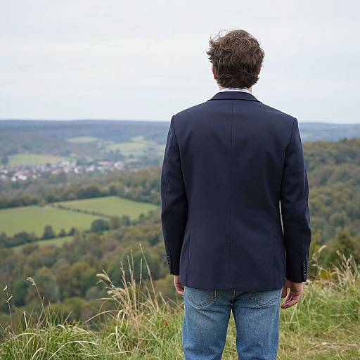 Photograph of a man with curly brown hair, wearing a black blazer and blue jeans, standing on a grassy hill, facing a lush,