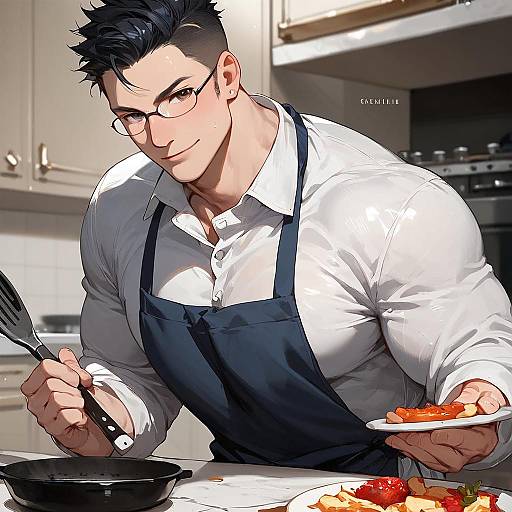 Muscled Anime Chef with Frying Pan