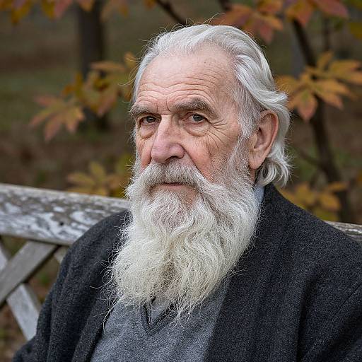 Photograph of an elderly white man with a long white beard, wearing a black coat and gray shirt, sitting outdoors on a wooden bench with autumn leaves