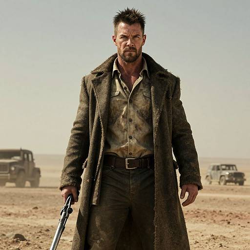 Photograph of a rugged, bearded man with spiked hair, wearing a dirty brown coat and green shirt, holding a gun in a desert with two