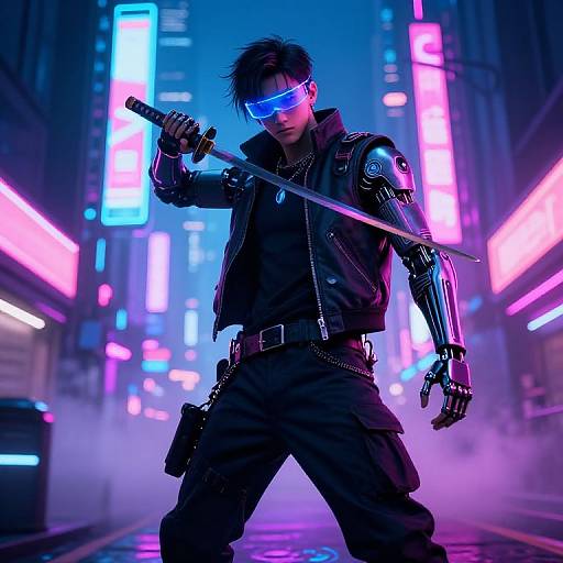 Cyberpunk warrior with glowing blue visor, black leather jacket, and robotic arm, holding sword, stands in neon-lit city street. Digital