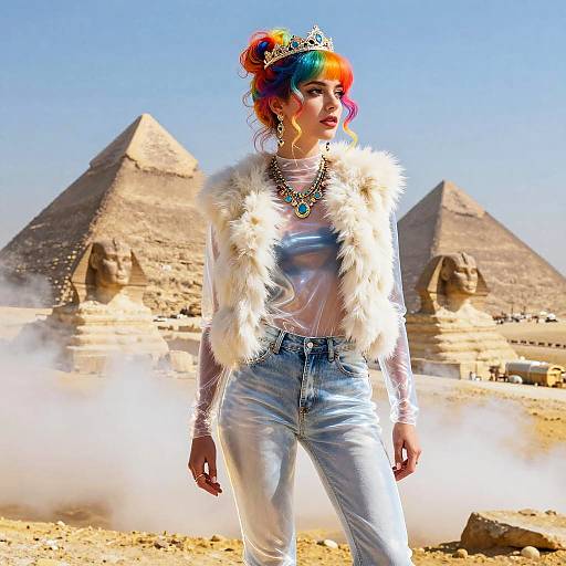 Colorful-haired woman in white fur vest and silver pants stands before pyramids, wearing a crown and necklace, surrounded by desert dust. Photorealistic
