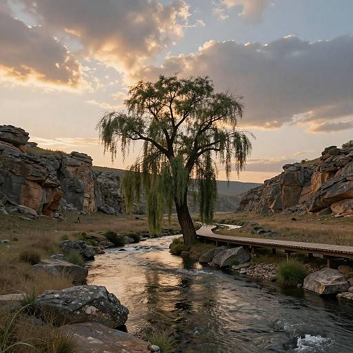 Serene Twilight Landscape with Willow Tree