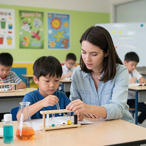 Teacher Guiding Child in Science Experiment