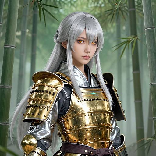 Digital artwork of an anime-style woman with long silver hair, wearing golden samurai armor, standing in a bamboo forest.