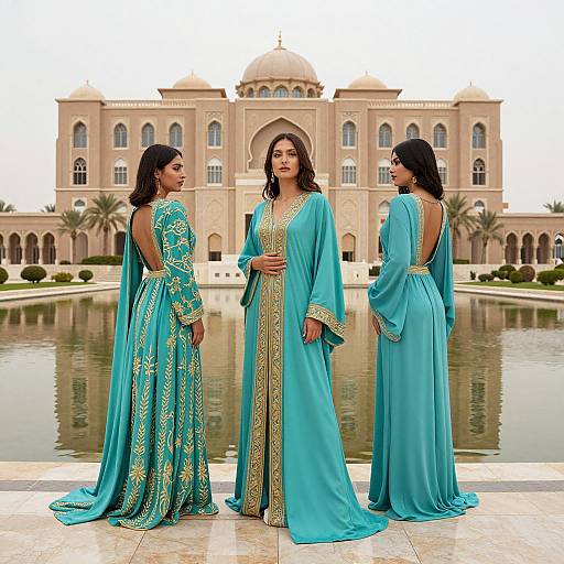 Photograph of three women in turquoise traditional Pakistani kurtas with gold embroidery, standing in front of a grand, beige domed building with a reflective