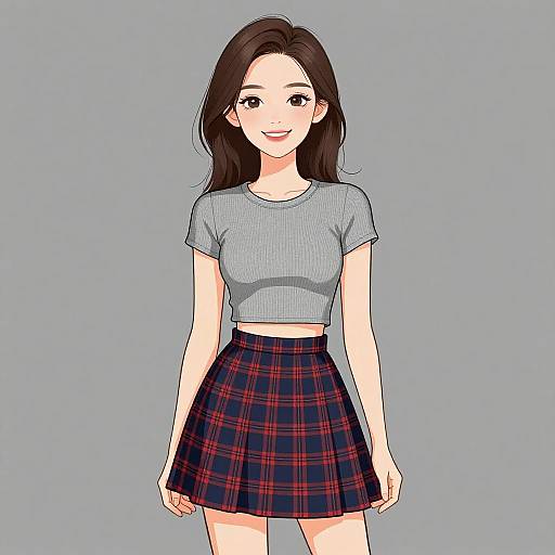 Digital anime-style drawing of a smiling young woman with long brown hair, wearing a light blue crop top and red plaid skirt, against a plain gray