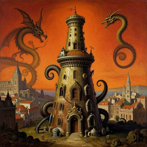 Digital fantasy artwork of a medieval castle tower with two serpentine dragons, set against a fiery orange sky, surrounded by European-style buildings.