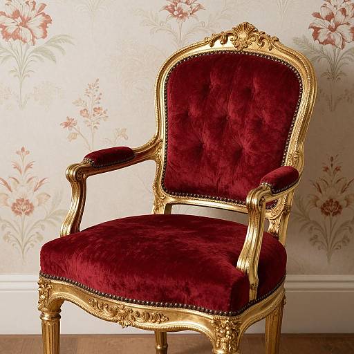 Regal, ornate, gold-framed, deep red velvet armchair with intricate floral carvings, set against vintage floral wallpaper. Luxurious
