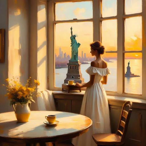 Woman in White Dress with Coffee by Window Overlooking Statue of Liberty