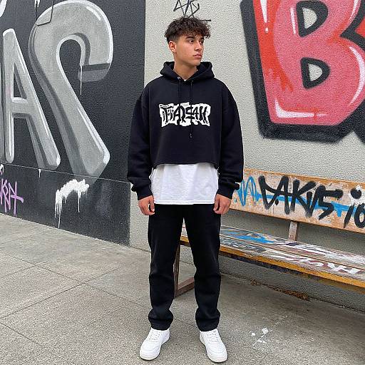 Young Man in Graphic Hoodie Street Scene