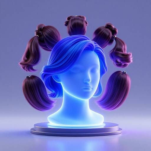 Digital CGI of glowing blue faceless mannequin with four dark brown hair buns, illuminated against a gradient blue background.