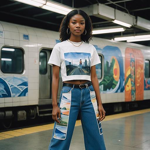 Young Woman in Y2K Style on Subway Platform
