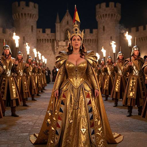 Photograph of a regal woman in an ornate gold medieval dress, crowned with a red and yellow spike, leading a line of armored knights with