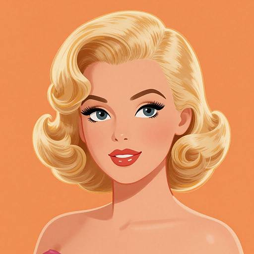Digital illustration of a blonde, blue-eyed woman with curled hair, red lipstick, and bare shoulders, set against a solid orange background. Retro, pin