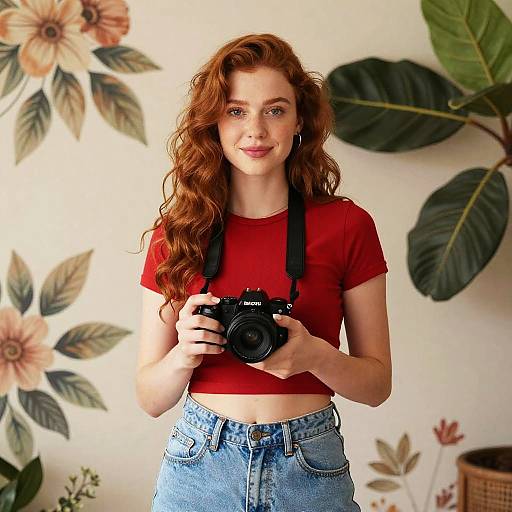 Young Woman with Camera and Floral Background