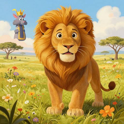 Digital cartoon of a cute, wide-eyed lion with a golden mane standing in a sunny, flower-filled savanna, with a flying, crowned gray mouse