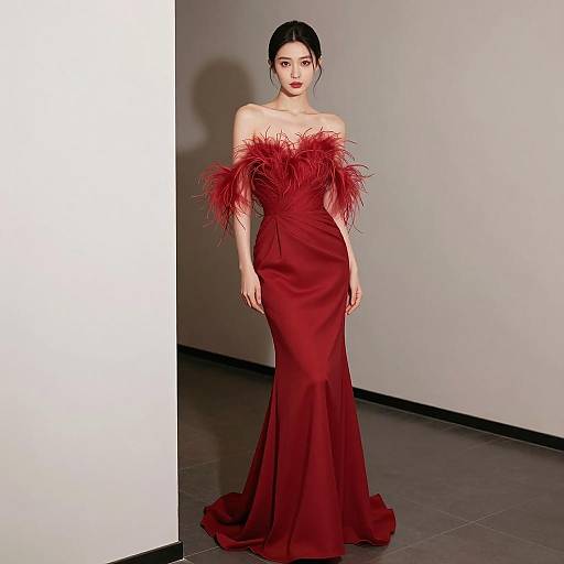Elegant Woman in Red Feathered Evening Gown