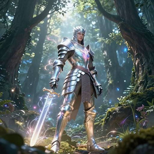Digital artwork of a muscular, armored knight with glowing sword, standing in a sunlit, enchanted forest, surrounded by magical light and foliage.