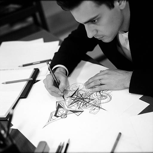 Black-and-white photograph of a focused man in a suit, intently drawing intricate lines with a pen on a glowing illuminated table.