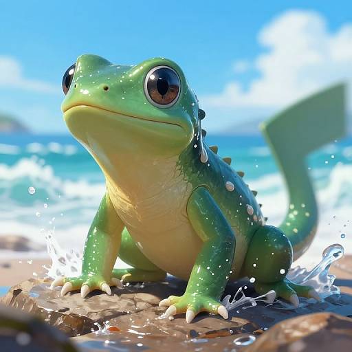 Digital artwork of a vibrant green, wide-eyed frog with yellow underbelly, sitting on a wet rock by a sparkling ocean.