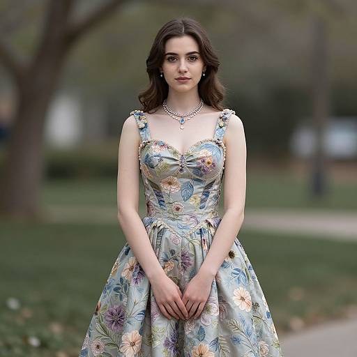 Photograph of a young woman with fair skin and wavy brown hair, wearing a floral-patterned, sleeveless, vintage-style dress, standing in