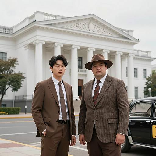 Two men in brown suits outside neoclassical building