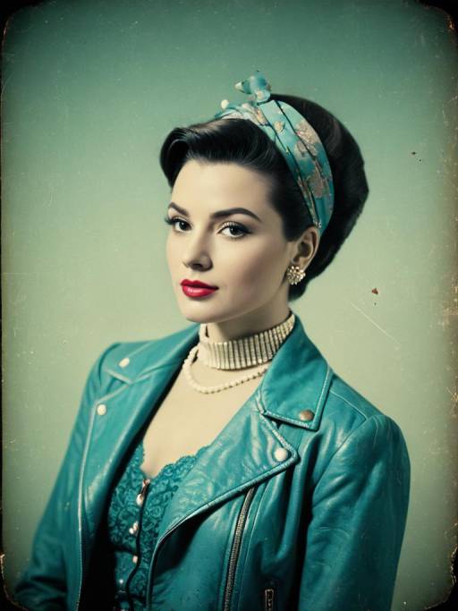 Retro Woman in Teal Leather Jacket and Headband