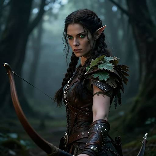 Digital fantasy artwork of a fierce, green-eyed elf woman with braided dark hair, wearing leather armor and holding a bow in a misty forest.