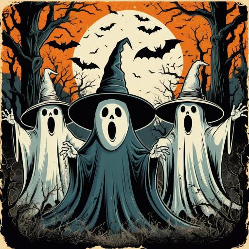 Vintage Halloween Ghosts in Dark Forest