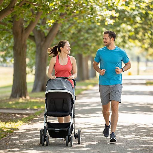 Photograph of a smiling couple jogging in a sunny, tree-lined park; woman with dark hair, red tank top, and baby stroller, man