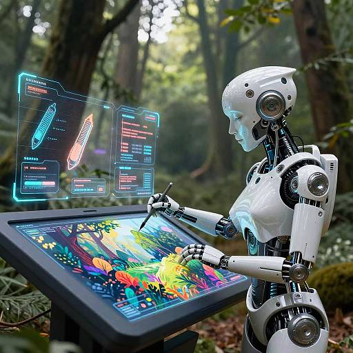Photograph of a white, humanoid robot with glowing blue interface screens, interacting with a colorful forest-themed touchscreen in a dense, green forest.