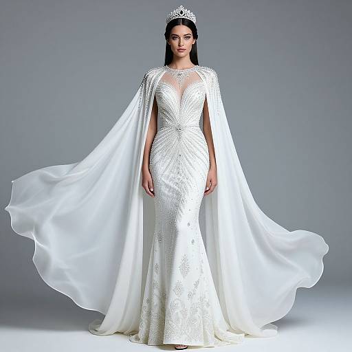 Photograph of a dark-haired woman in a white, lace-embellished, form-fitting wedding gown with a long, flowing cape and silver