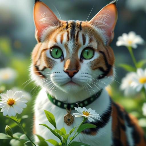 Realistic Bengal Cat Among White Flowers