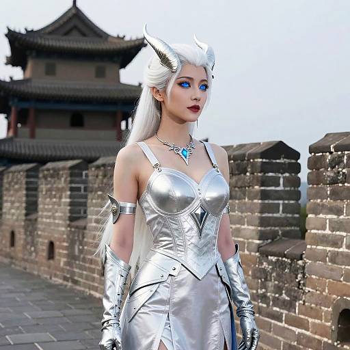 Digital artwork of a white-haired, blue-eyed woman with silver armor, horned headpiece, and blue necklace, standing in front of an ancient Chinese