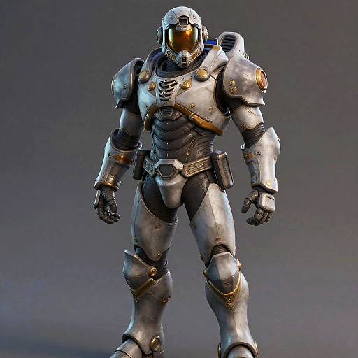 CGI image of a muscular, armored space warrior with silver and black futuristic armor, gold accents, and a reflective helmet, standing against a gradient blue