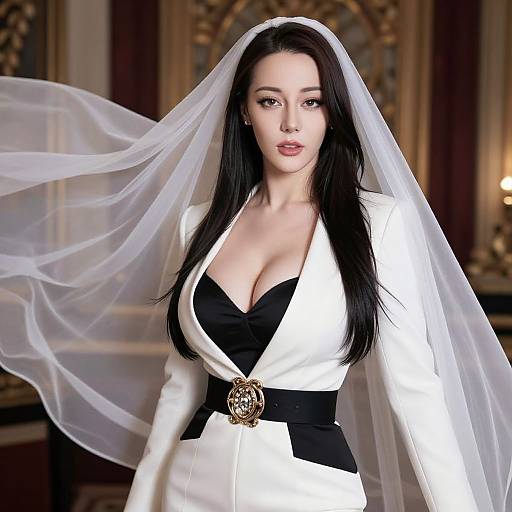 Digital artwork of a beautiful Asian woman with long black hair, wearing a white wedding dress with black accents, deep neckline, and veil, standing in an
