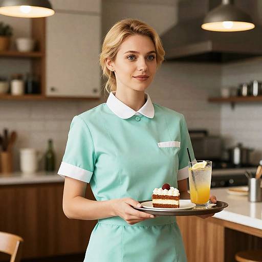 Blonde Waitress in Cozy Kitchen Setting
