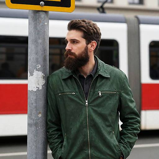 Bearded Man in Green Jacket by Tram