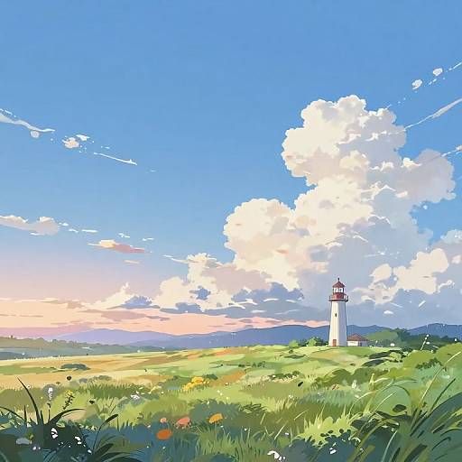 Digital painting of a bright blue sky with white clouds, featuring a white lighthouse with a red top on a lush, green field with colorful wildflowers