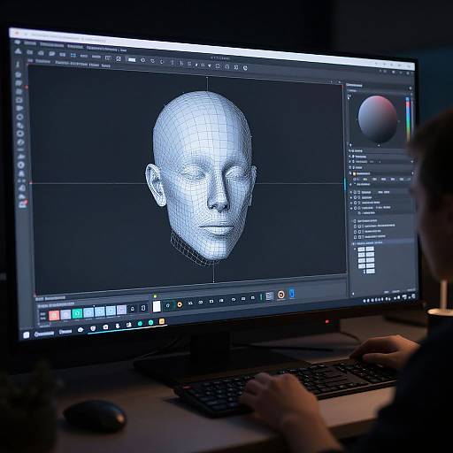 Photograph of a person using a computer, displaying a detailed grayscale 3D head model on a dark software interface.