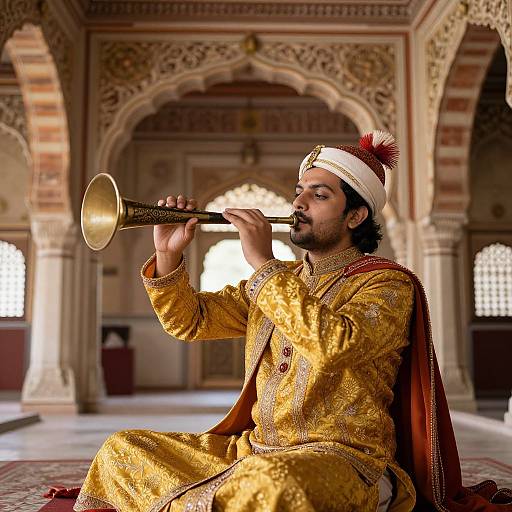Musician Playing Mughal Empire Instrument in Royal Attire