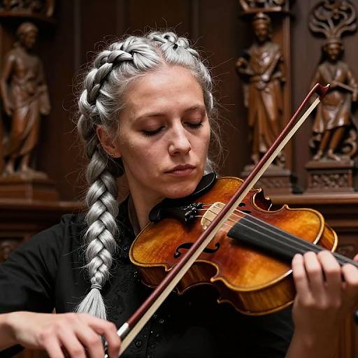 Photograph of a fair-skinned woman with silver-braided hair playing a wooden violin in a richly carved wooden church interior.