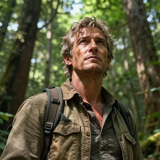 Photograph of a rugged, middle-aged man with tousled gray hair, wearing a green military-style shirt and backpack, looking upward in a sunlit