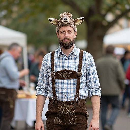 Photograph of a bearded man with a deer head hat, wearing a plaid shirt and brown lederhosen, standing outdoors at a blurred