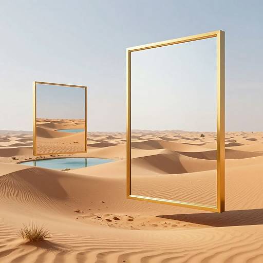 Photograph of two large, gold-framed, empty mirrors standing in a sunlit, sandy desert with rippled dunes and small puddles.