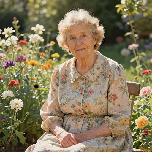 Photograph of an elderly woman with short blonde hair, wearing a floral dress, sitting in a sunlit garden filled with colorful flowers, smiling gently.