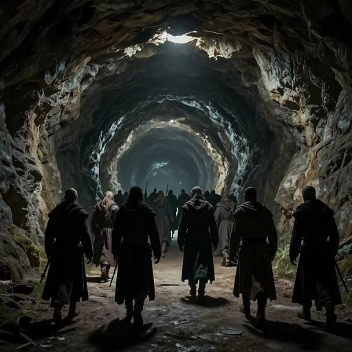 Photograph of a dark, rocky cave tunnel with silhouetted medieval adventurers in cloaks walking toward a bright, distant light.