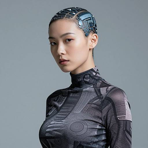 Cyberpunk-style photograph of an Asian woman with a sleek, patterned black top, futuristic hairpiece, and neutral expression against a gray background.