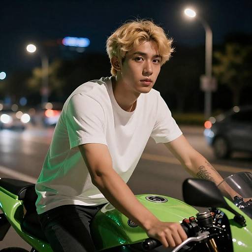 Nighttime Motorcycle Portrait with Green Glow